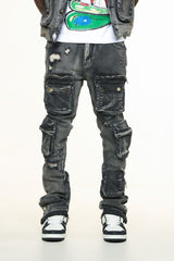 "JOURNEY TO GREATNESS" CARGO FLARE STACK DENIM (BLACK)