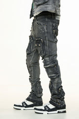 "JOURNEY TO GREATNESS" CARGO FLARE STACK DENIM (BLACK)