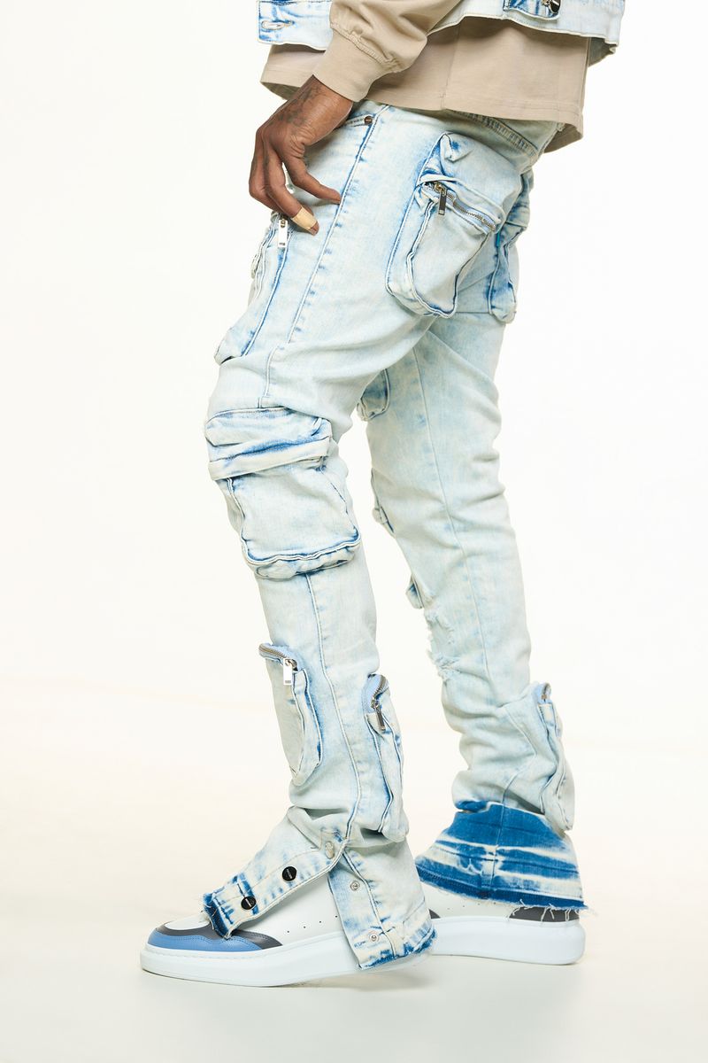 "JOURNEY TO GREATNESS" CARGO FLARE STACK DENIM (LIGHT BLUE)