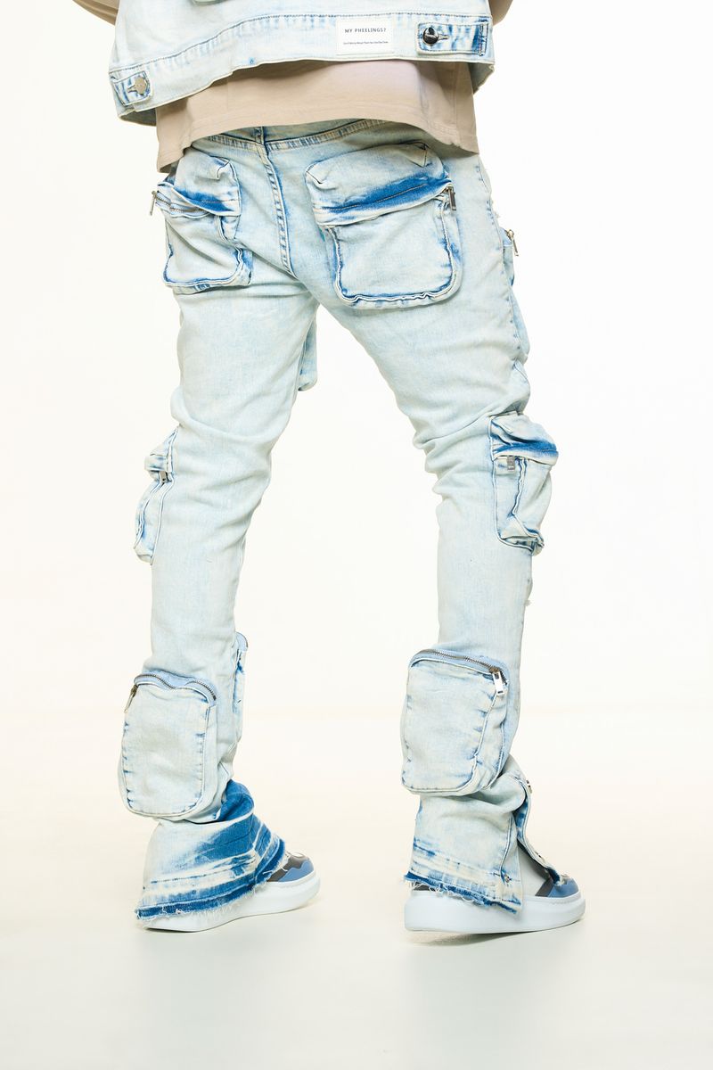 "JOURNEY TO GREATNESS" CARGO FLARE STACK DENIM (LIGHT BLUE)