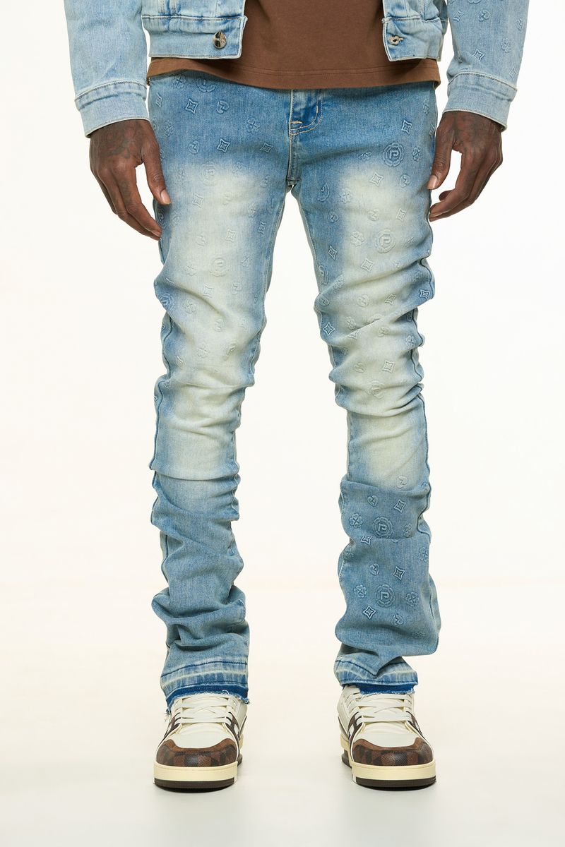 "NEW EMOTIONS" EMBOSSED FLARE STACK DENIM (LIGHT BLUE STONE WASH)