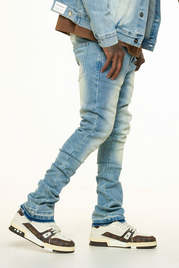 "NEW EMOTIONS" EMBOSSED FLARE STACK DENIM (LIGHT BLUE STONE WASH)