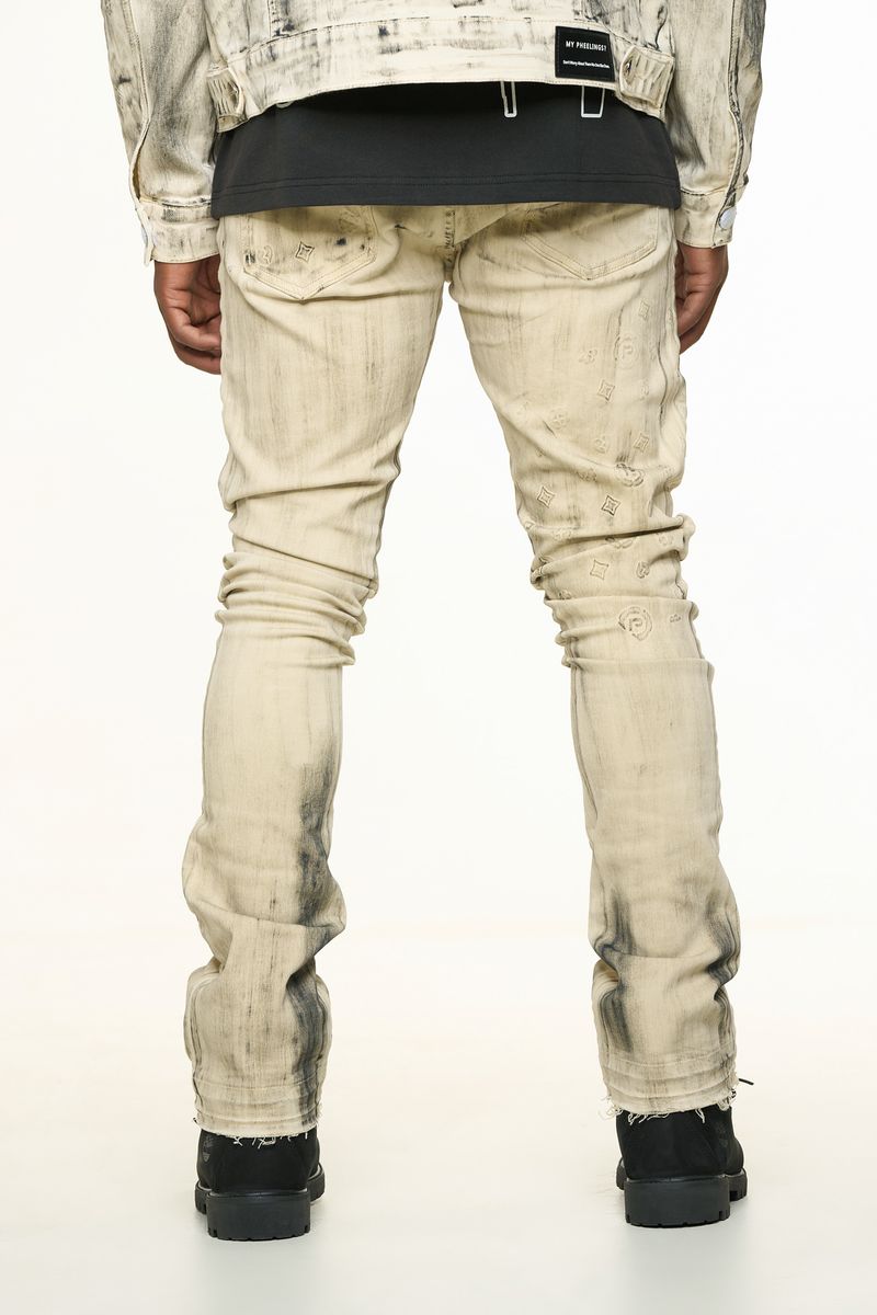 "NEW EMOTIONS" EMBOSSED FLARE STACK DENIM (LIGHT GREY BLACK OVERDYE)