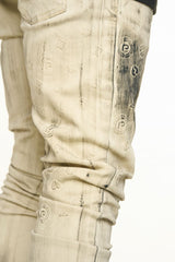 "NEW EMOTIONS" EMBOSSED FLARE STACK DENIM (LIGHT GREY BLACK OVERDYE)