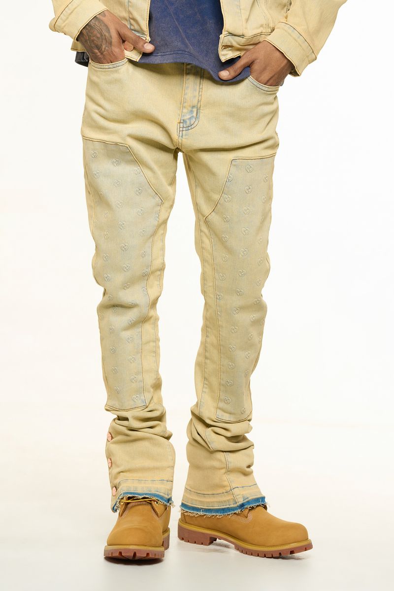 "MENDING HEARTS" EMBOSSED FLARE STACK DENIM (LIGHT BLUE/SAND)