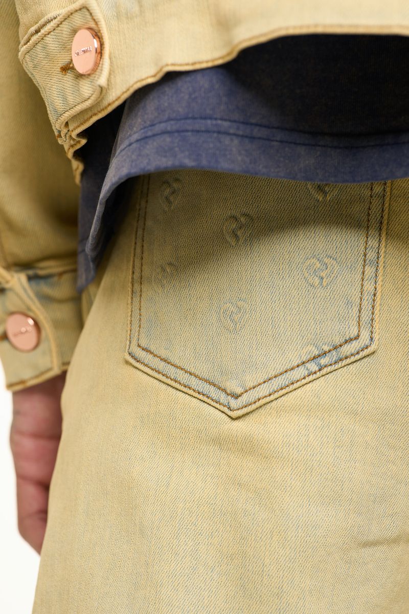 "MENDING HEARTS" EMBOSSED FLARE STACK DENIM (LIGHT BLUE/SAND)