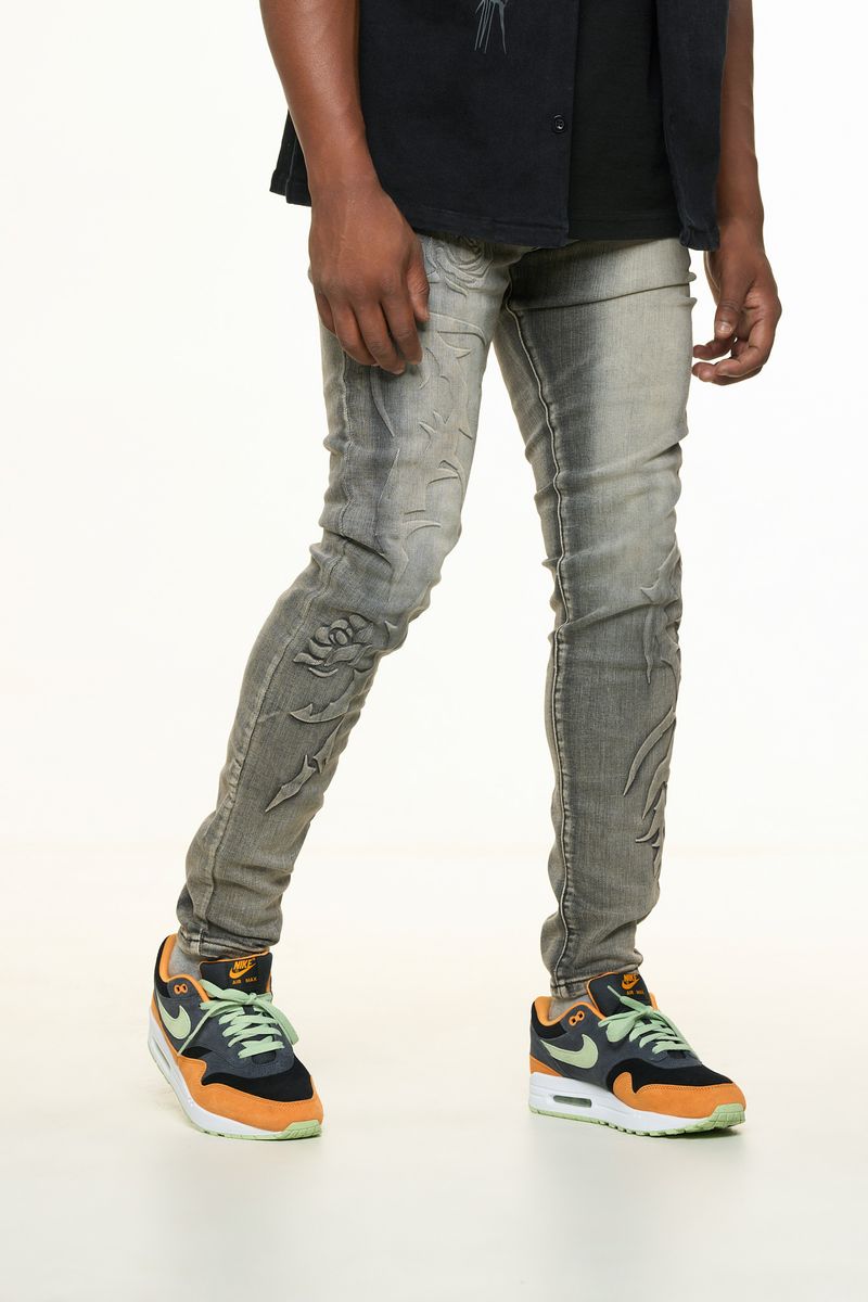 "LOVE IS PAIN" EMBOSSED SKINNY DENIM (CHARCOAL GREY/SAND)