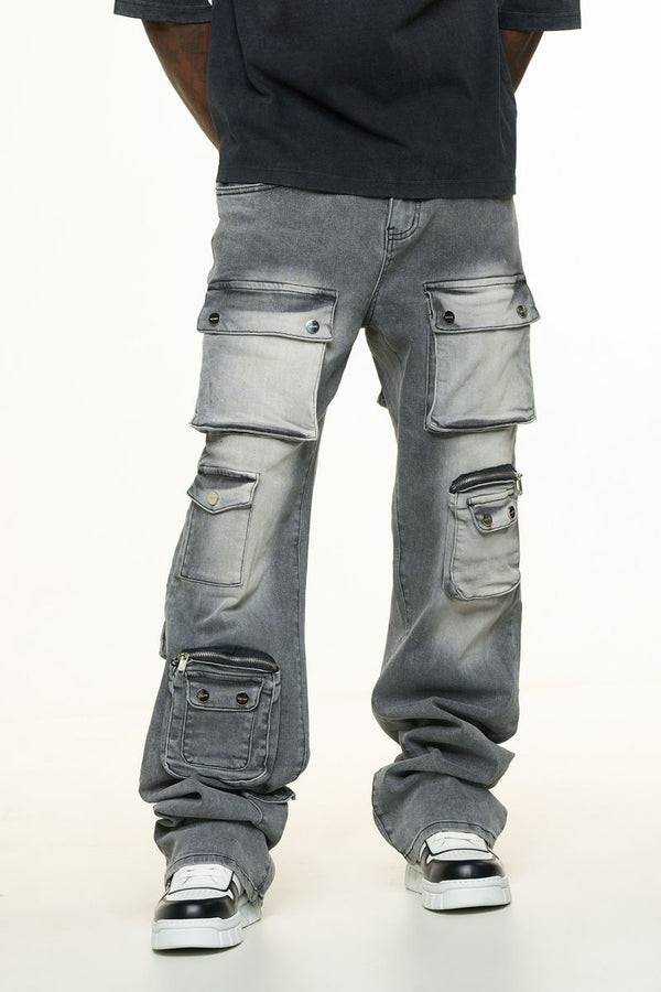 "HEAVY THOUGHTS" CARGO BAGGY DENIM (CHARCOAL GREY WASH)