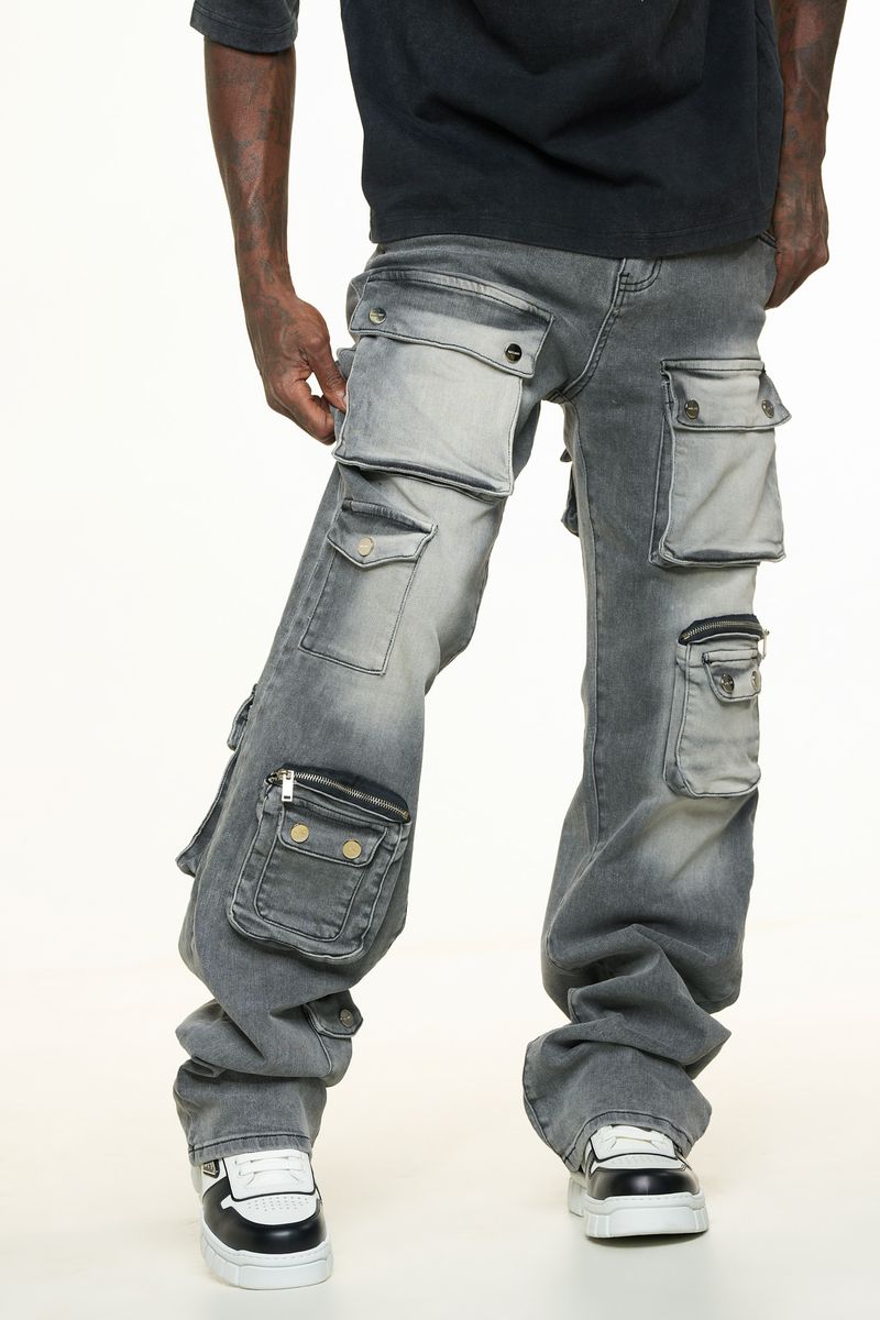 "HEAVY THOUGHTS" CARGO BAGGY DENIM (CHARCOAL GREY WASH)