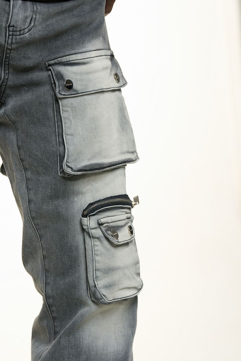 "HEAVY THOUGHTS" CARGO BAGGY DENIM (CHARCOAL GREY WASH)