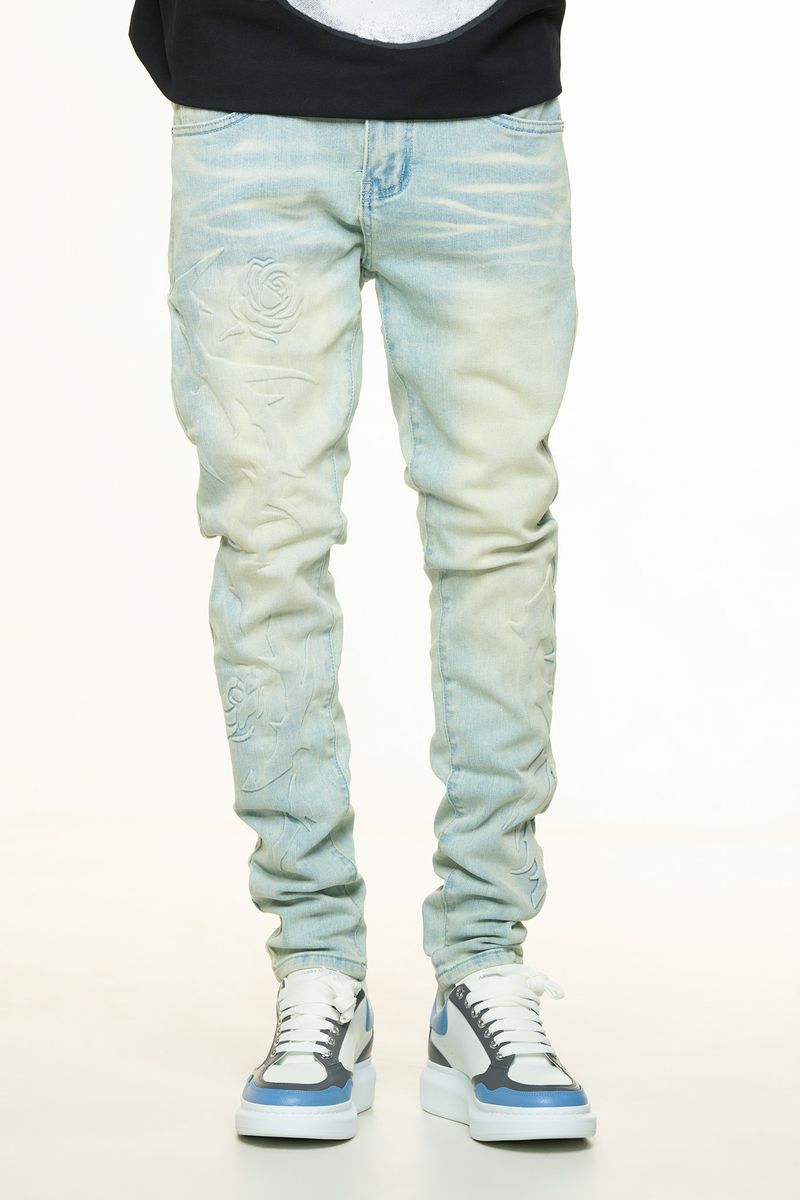 "LOVE IS PAIN" EMBOSSED SKINNY DENIM (LIGHT BLUE/SAND)