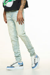 "LOVE IS PAIN" EMBOSSED SKINNY DENIM (LIGHT BLUE/SAND)