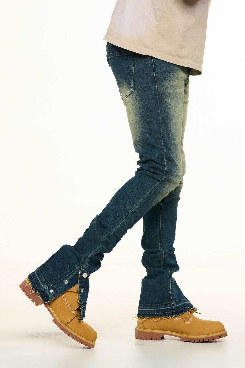 "EMOTIONALLY DRIVEN"FLARE STACK DENIM (MEDIUM BLUE VINTAGE WASH)