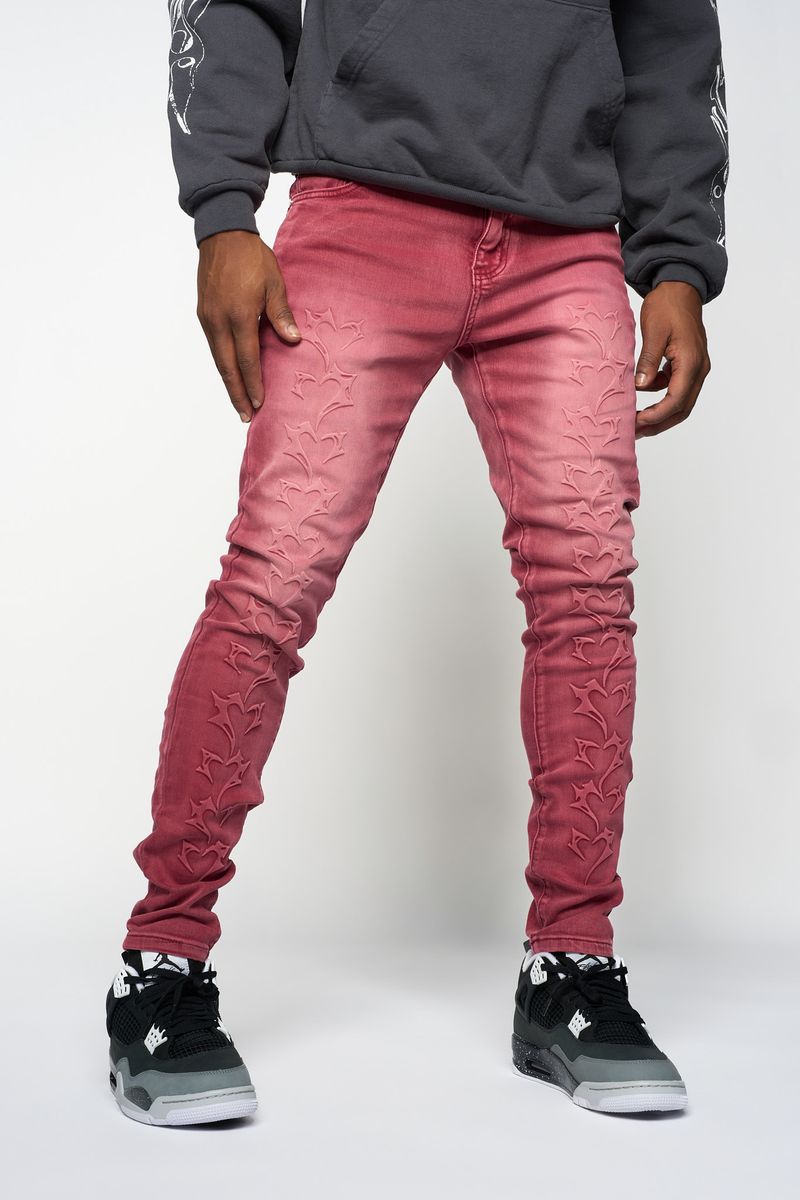 "SHATTERED HEARTS" SKINNY DENIM (BURGUNDY)