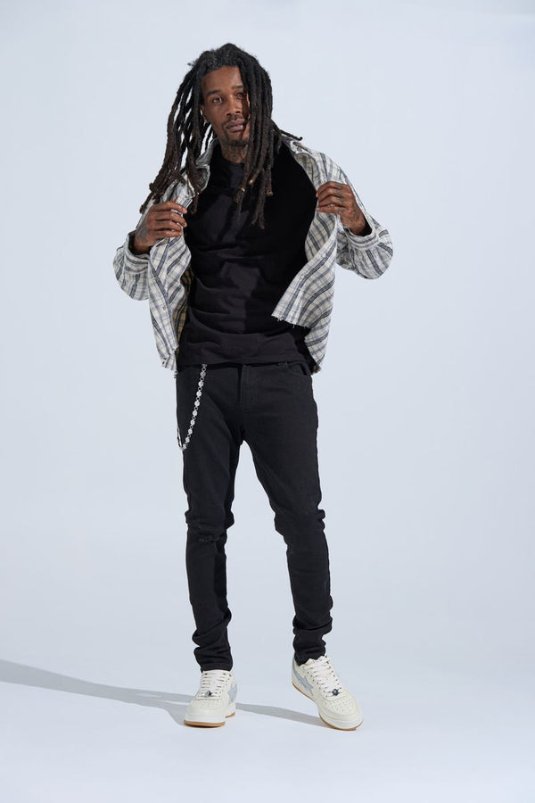 "BLACK LABEL DISTRESSED SKINNY" SKINNY DENIM (JET BLACK)