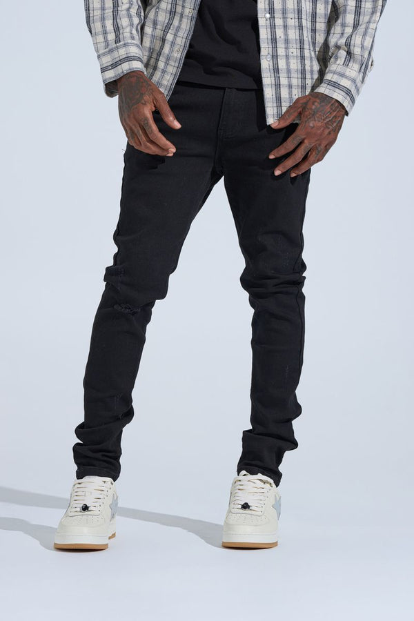"BLACK LABEL DISTRESSED SKINNY" SKINNY DENIM (JET BLACK)