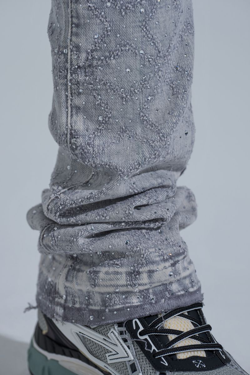 "FIRST MILLION" RHINESTONE STACK DENIM (LIGHT GREY)
