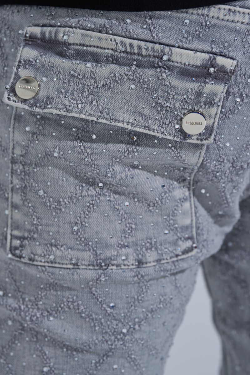 "FIRST MILLION" RHINESTONE STACK DENIM (LIGHT GREY)
