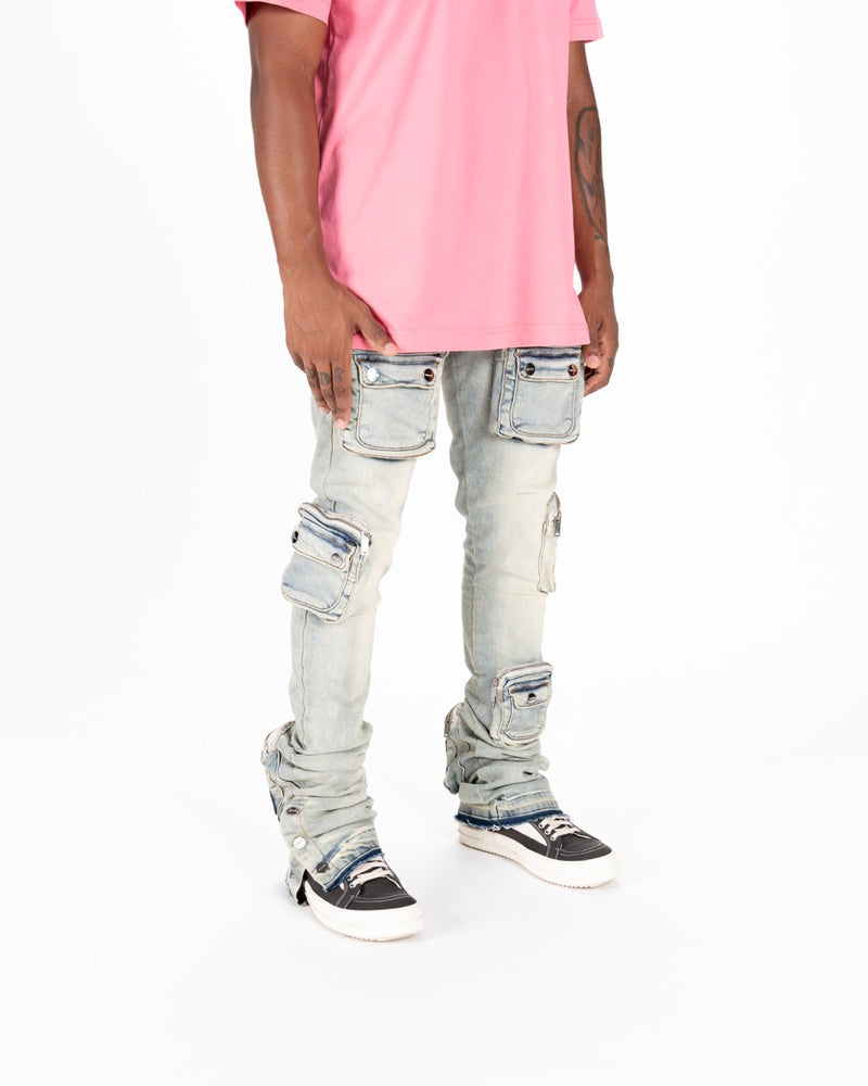 "JOURNEY TO GREATNESS" CARGO FLARE STACK DENIM