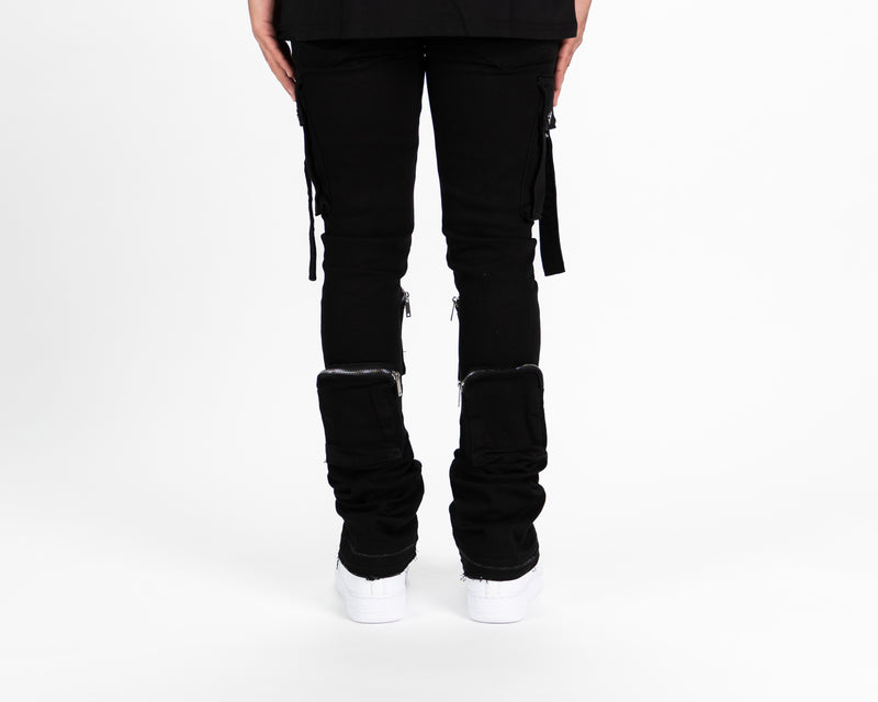 "NEVER LOOK BACK" CARGO FLARE STACK DENIM