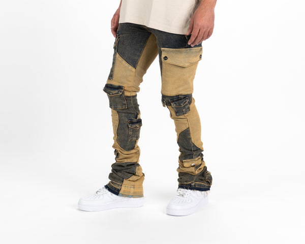 "MY PLEASURE" CARGO FLARE STACK DENIM