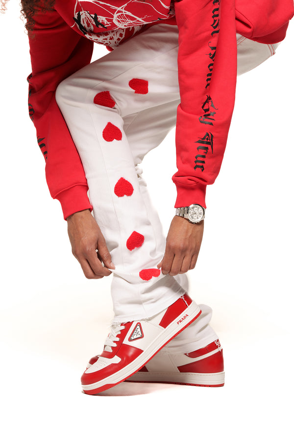 HEARTBEAT OF SUCCESS" FLARE STACK DENIM (WHITE/RED)