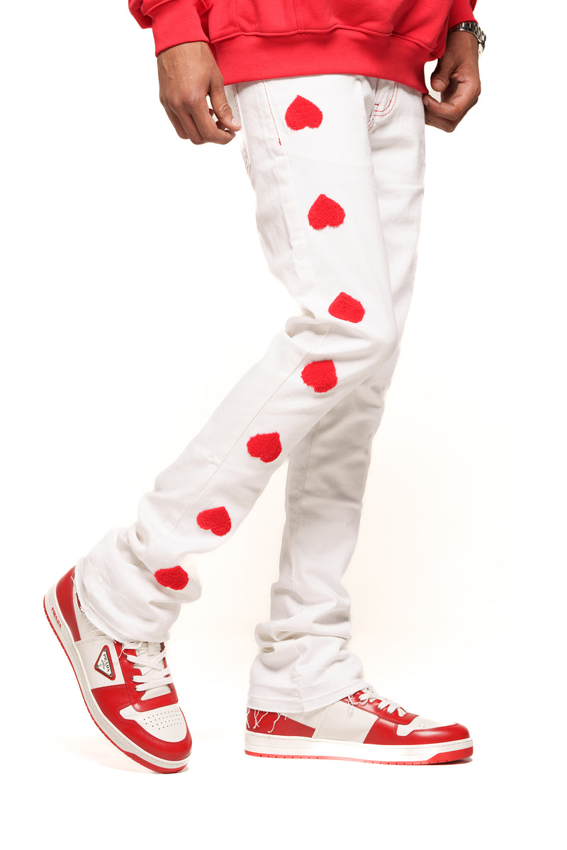 HEARTBEAT OF SUCCESS" FLARE STACK DENIM (WHITE/RED)