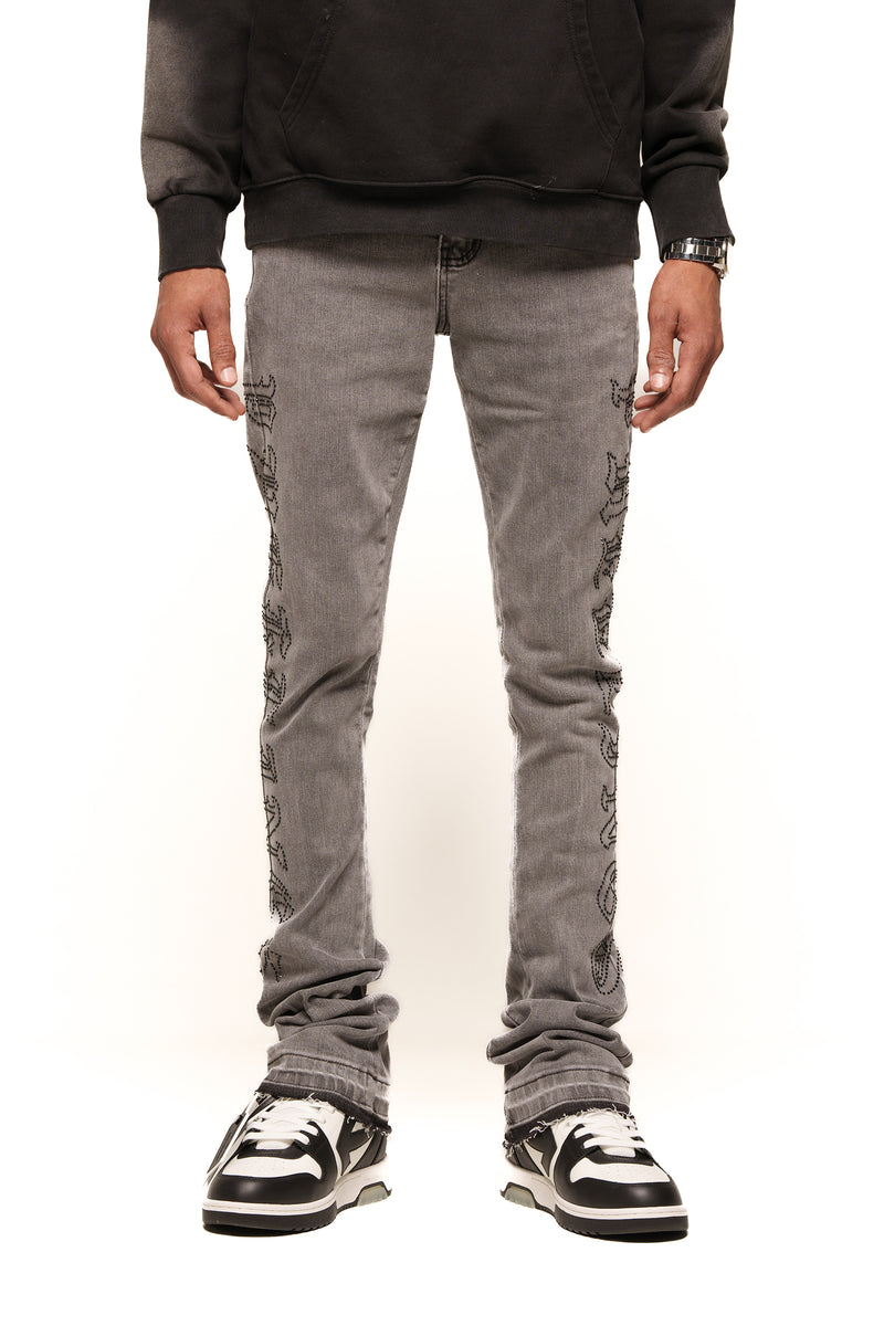 "RISING ABOVE"  RHINESTONE FLARE STACK DENIM (CHARCOAL GREY)