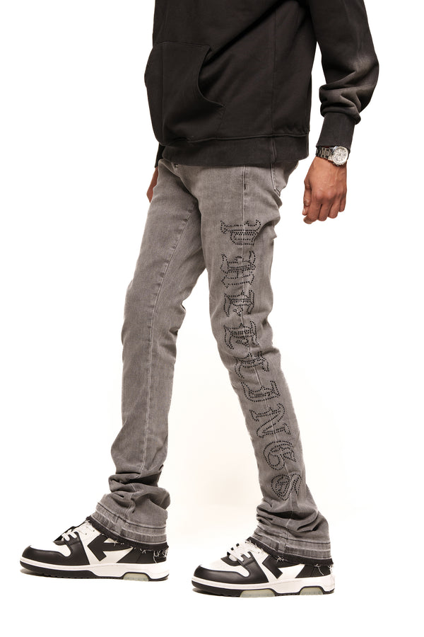 "RISING ABOVE"  RHINESTONE FLARE STACK DENIM (CHARCOAL GREY)