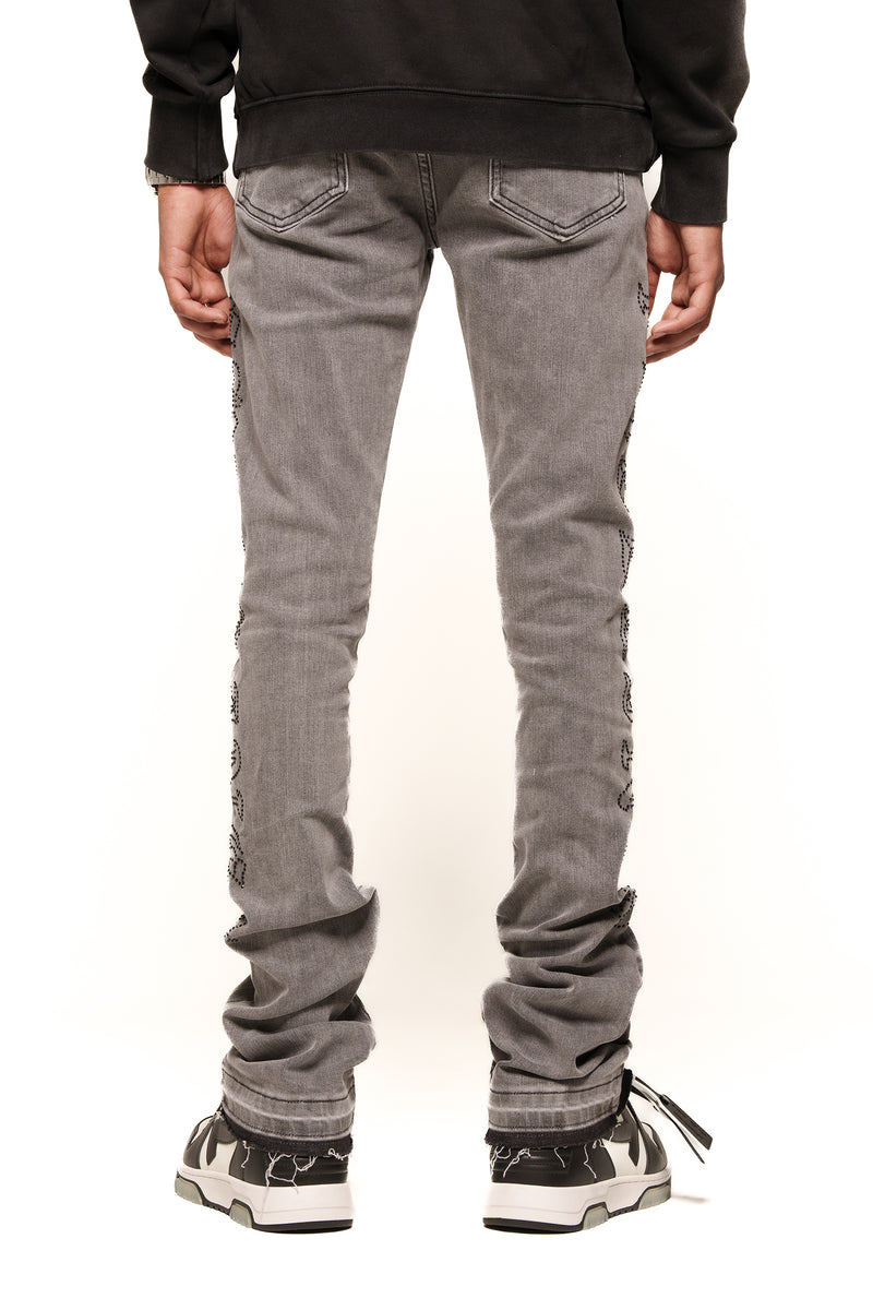 "RISING ABOVE"  RHINESTONE FLARE STACK DENIM (CHARCOAL GREY)