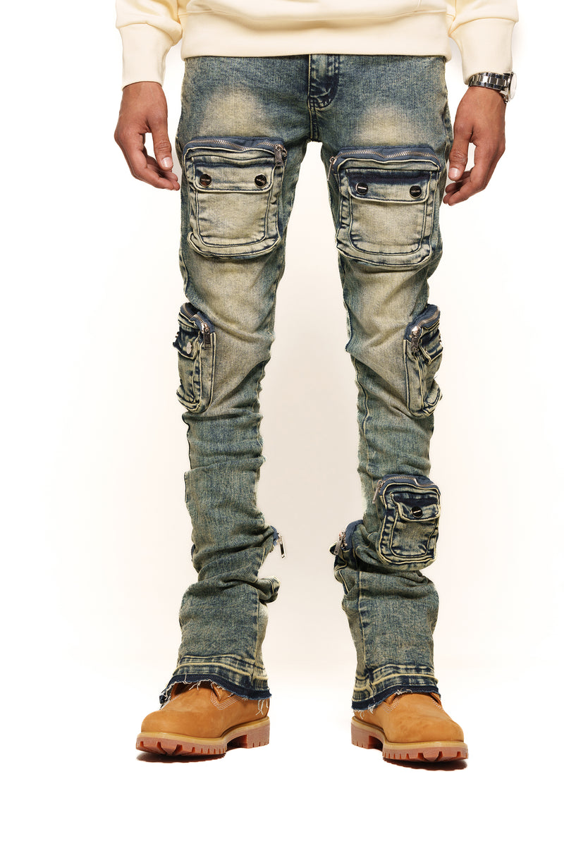 JOURNEY TO GREATNESS"  CARGO FLARE STACK DENIM (NAVY BLUE)