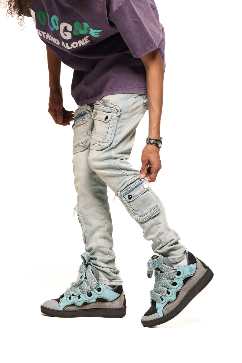 "TIME DON'T WAIT" CARGO SKINNY DENIM (LIGHT BLUE)