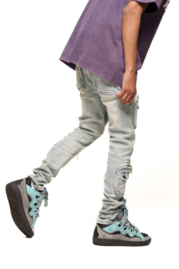 "TIME DON'T WAIT" CARGO SKINNY DENIM (LIGHT BLUE)