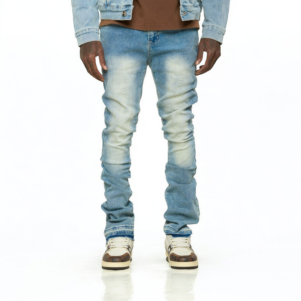 "NEW EMOTIONS" EMBOSSED FLARE STACK DENIM (LIGHT BLUE STONE WASH)