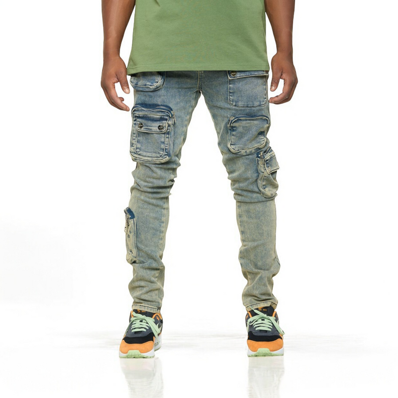 "LUCID DREAMS" CARGO SKINNY DENIM (MEDIUM BLUE/ SAND)