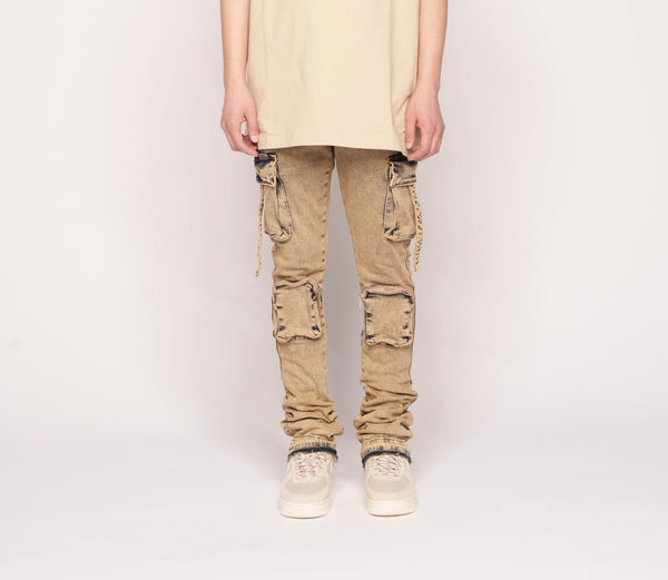 "NEVER LOOK BACK" CARGO FLARE STACK DENIM