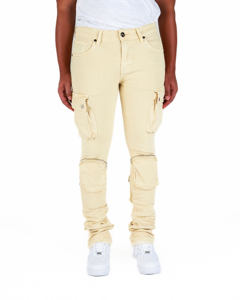 "NEVER LOOK BACK" CARGO FLARE STACK DENIM